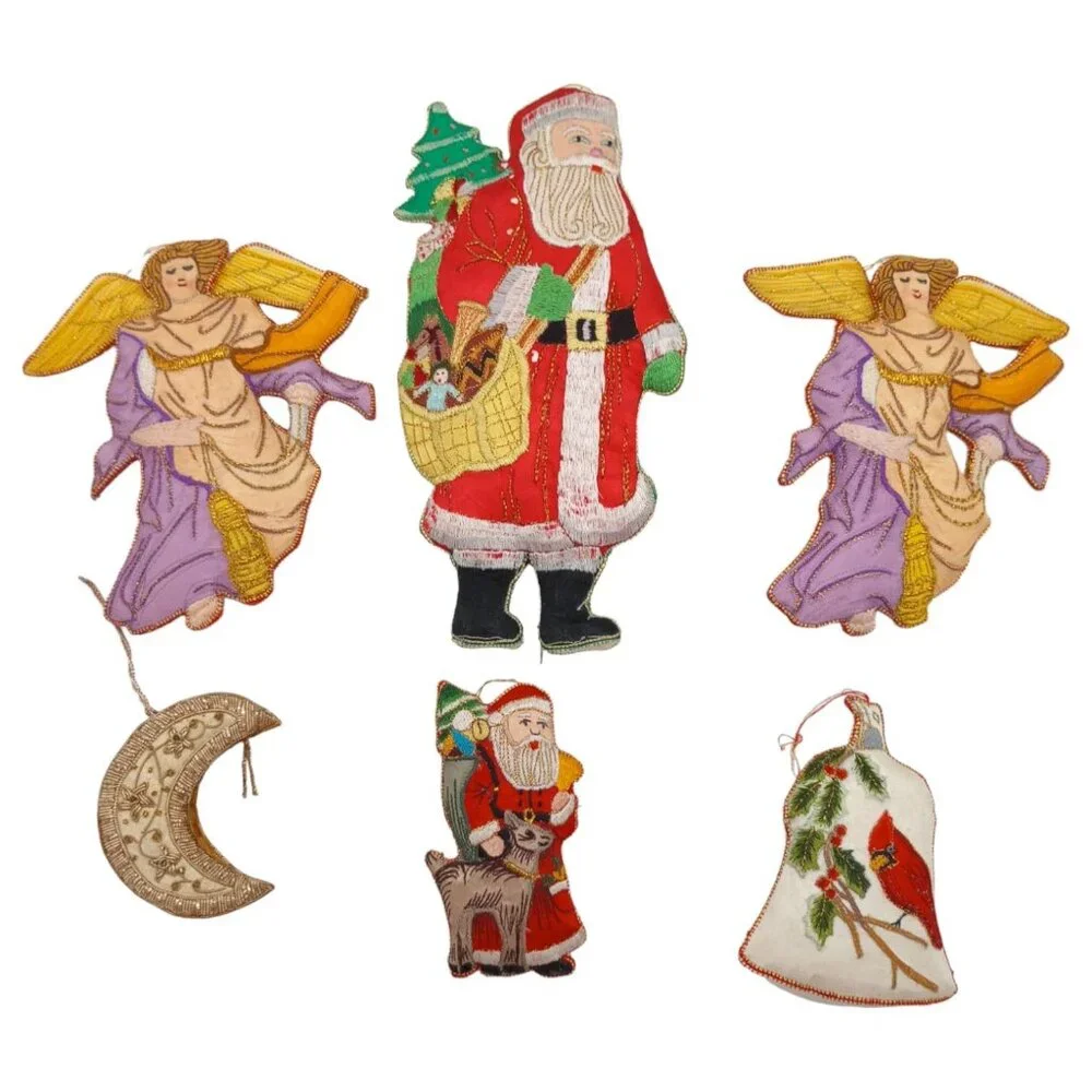 Vtg‎ Embroidered Holiday Christmas Ornament Gold Threads Lot 6 Santa Angel Bell